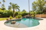 Large backyard area w/ patio seating, swimming pool heating optional, hot tub, BBQ